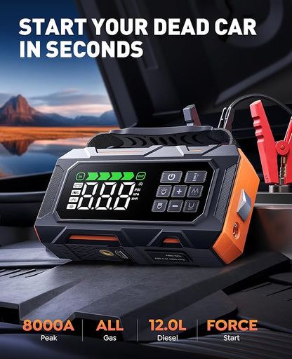 TREKURE 16-in-1 8000A Car Battery Jump Starter with Air Compressor 160PSI, Jump Starter Jump Box (All Gas 12L Diesel) with Portable Jumper Cables, Auto-Shutoff Tire Inflator, Gloves, Tow Rope