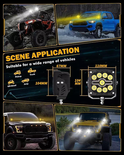 Led Light Pods for Truck Ditch Lights Off Road Lights Cube Led Flood Beam 4Inch 80W 5200LM Spot Flood Combo Far & Wide Amber White for Trucks, ATVs, UTVs, Jeeps, Cars, Motorcycles, Pair