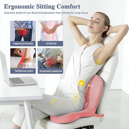 Memory Foam Seat Cushion for Sciatica & Back Pain Relief - Ergonomic Chair Pad with Adjustable Strap & Supportive Comfort Cover, Non-Slip for Car, Truck, Office Chair - Pink