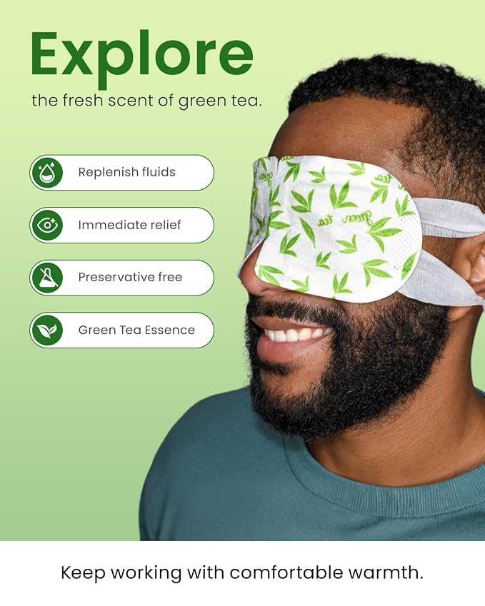 16 Packs Steam Eye Masks for Dry Eyes, Green Tea Warm Eye Mask, Relief Eye Fatigue & Puffy Eyes, Moist Heating Compress for Eyes, Self Heated Eye Mask, Disposable Travel Essentials & Relaxation Sets