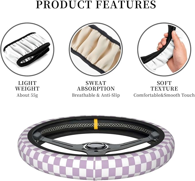 Light Purple Checkered Steering Wheel Cover for Women, Universal Auto Steering Wheel 14-15 Inch Car Interior Accessories with 2PCS Car Coasters, Suitable for Men and Women