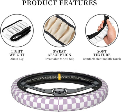 Light Purple Checkered Steering Wheel Cover for Women, Universal Auto Steering Wheel 14-15 Inch Car Interior Accessories with 2PCS Car Coasters, Suitable for Men and Women