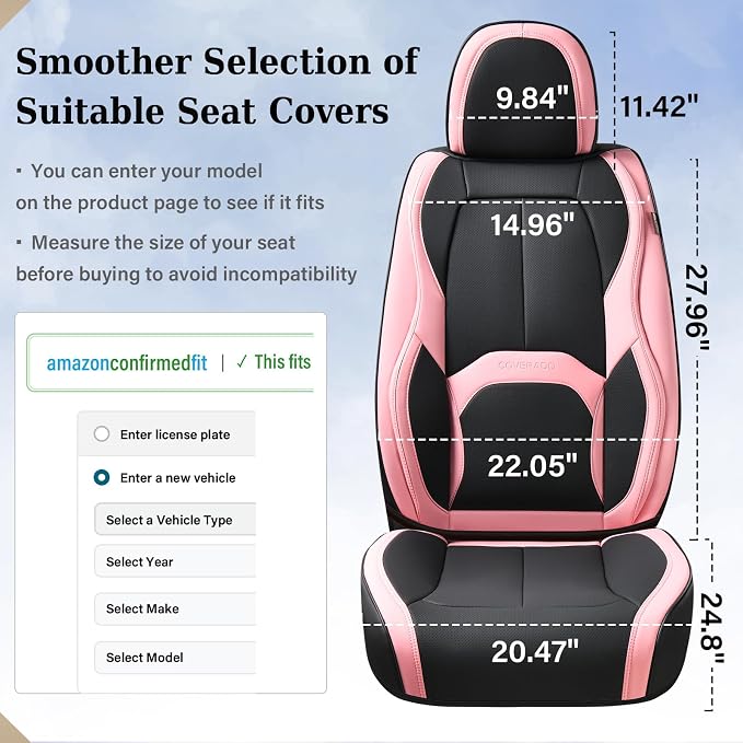 Coverado Seat Covers, Car Seat Covers Front Seats, Nappa Leather Seat Covers for Cars, Waterproof Car Seat Protector with Lumbar Support, Front Seat Covers Universal Fit for Most Cars (Black&Pink)