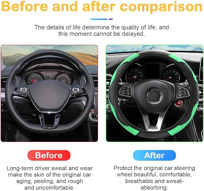 Osilly Car Steering Wheel Cover, 15 inch Carbon Fiber Microfiber PU Leather Elastic Steering Wheel Protector for Men Women, Anti-Slip Breathable Car Interior Accessories for Most Cars (Green)