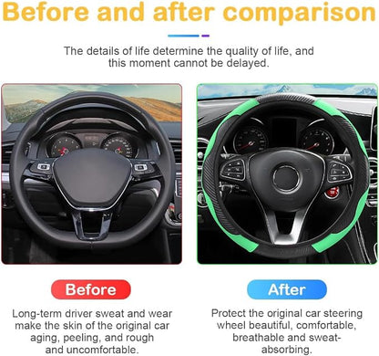 Osilly Car Steering Wheel Cover, 15 inch Carbon Fiber Microfiber PU Leather Elastic Steering Wheel Protector for Men Women, Anti-Slip Breathable Car Interior Accessories for Most Cars (Green)