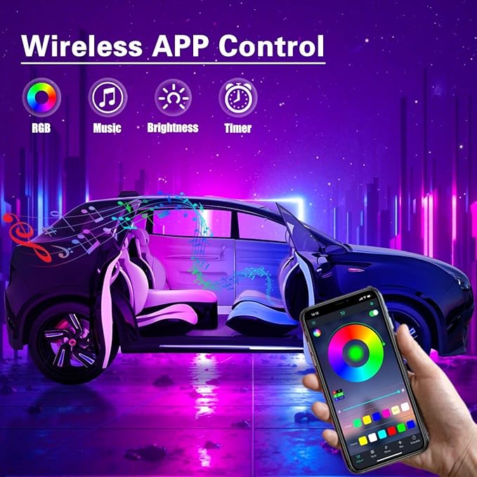 Acrylic Car LED Interior Strip Lights, 6 in 1 Dreamcolor Ambient Lighting Kit with Wireless APP, Luxury EL Wire Trim 16 Million Colors Neon Strip for Car Inside Decoration(No Remote)