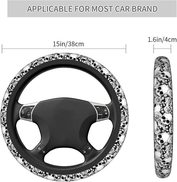 Skull Steering Wheel Cover Non Slip Black and White Neoprene Steering Wheel Protector Covers Universal 15 inch for Women Men Car Accessories