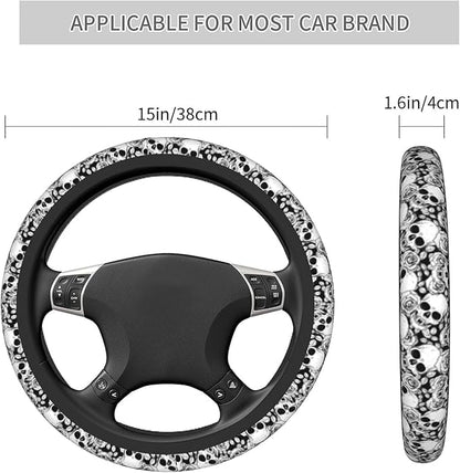 Skull Steering Wheel Cover Non Slip Black and White Neoprene Steering Wheel Protector Covers Universal 15 inch for Women Men Car Accessories