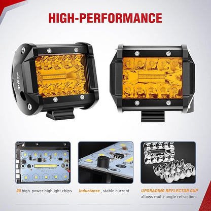 Nilight 4 Inch Amber LED Light Pods 2PCS Triple Row 60W Flood Spot Combo Offroad Driving Fog Lighting for 12V 24V Pickup Truck ATV UTV SUV