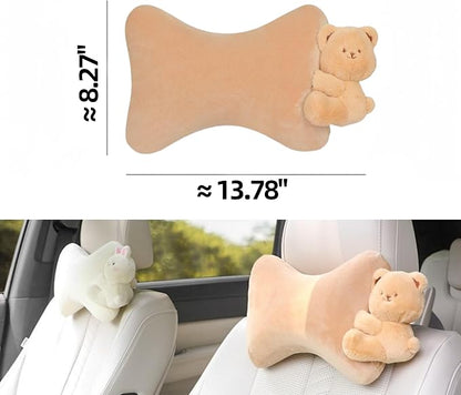 Car Headrest Pillow 2PCS Plush Bear ＆ Bunny Car Seat Headrest Pillow - Memory Foam Neck Support Cushions for Comfortable Driving, Easy Install & Washable (Bear+Rabbit)