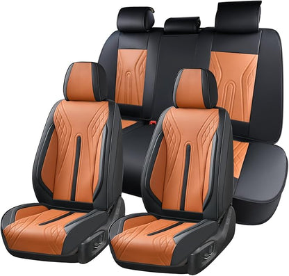 Huidasource Car Seat Covers Full Set, Universal Fit for Most Cars SUV Trucks, Full Coverage Nappa Leather Seat Cover, Airbag, Cupholder Compatible, Velcro Adjustable,Seat Function Retain, Black&Brown