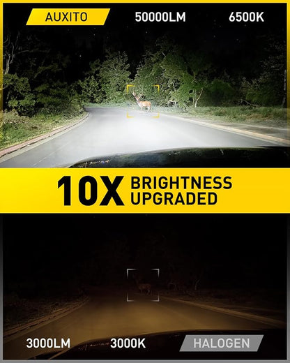 AUXITO 9007 Bulbs, 50000LM Ultra-Bright HB5 Light, Direct Insert 5 Mins Installation, 50000Hrs Long Lifespan, No Flicker, 99% Compatibility, Pack of 2