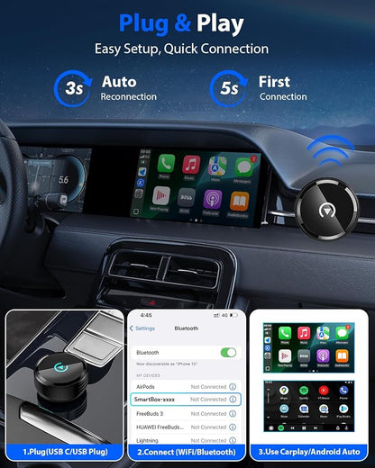 Ultra Mini Circular 2-in-1 Wireless CarPlay & Android Auto Adapter, 3-5s Fast Auto Reconnect, Aluminum Alloy Vent Design, USB-C/USB-A Ports (Pure Black)