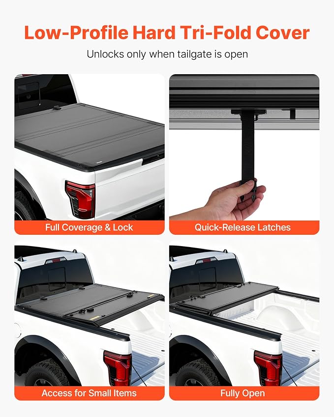 VEVOR Hard Tri-Fold Truck Bed Tonneau Cover, Compatible with 2021-2025 Ford F-150 (Incl. Raptor/Lightning) 5.5 ft (67.1 in) Bed, Waterproof Low-Profile Folding Cover with Aluminum Alloy Support Bar