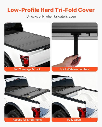 VEVOR Hard Tri-Fold Truck Bed Tonneau Cover, Compatible with 2021-2025 Ford F-150 (Incl. Raptor/Lightning) 5.5 ft (67.1 in) Bed, Waterproof Low-Profile Folding Cover with Aluminum Alloy Support Bar