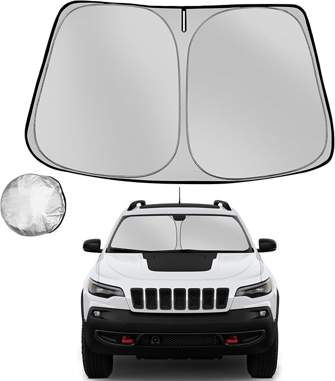 Windshield Sun Shade for 2014-2023 Jeep Cherokee (Not for Jeep Grand Cherokee) Foldable Sun Sunshade for Car Front Window Blocks UV Heat Automotive Interior Protector Custom Fit Accessories