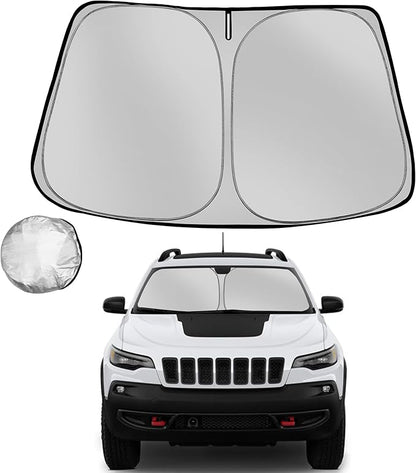 Windshield Sun Shade for 2014-2023 Jeep Cherokee (Not for Jeep Grand Cherokee) Foldable Sun Sunshade for Car Front Window Blocks UV Heat Automotive Interior Protector Custom Fit Accessories