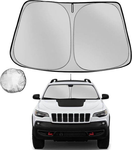 Windshield Sun Shade for 2014-2023 Jeep Cherokee (Not for Jeep Grand Cherokee) Foldable Sun Sunshade for Car Front Window Blocks UV Heat Automotive Interior Protector Custom Fit Accessories