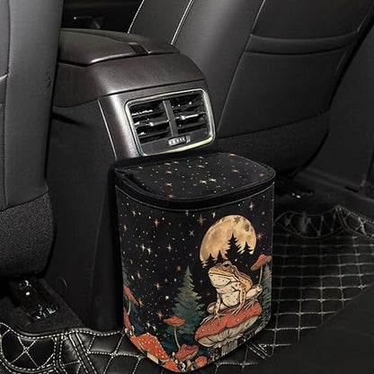 Talayituse Frog Mushroom Print Car Trash Can, Moon Star Design Portable Auto Garbage Bin Multifunctional Vehicle Interior Accessories with Adjustable Straps Universal Fit Truck SUV Sedan