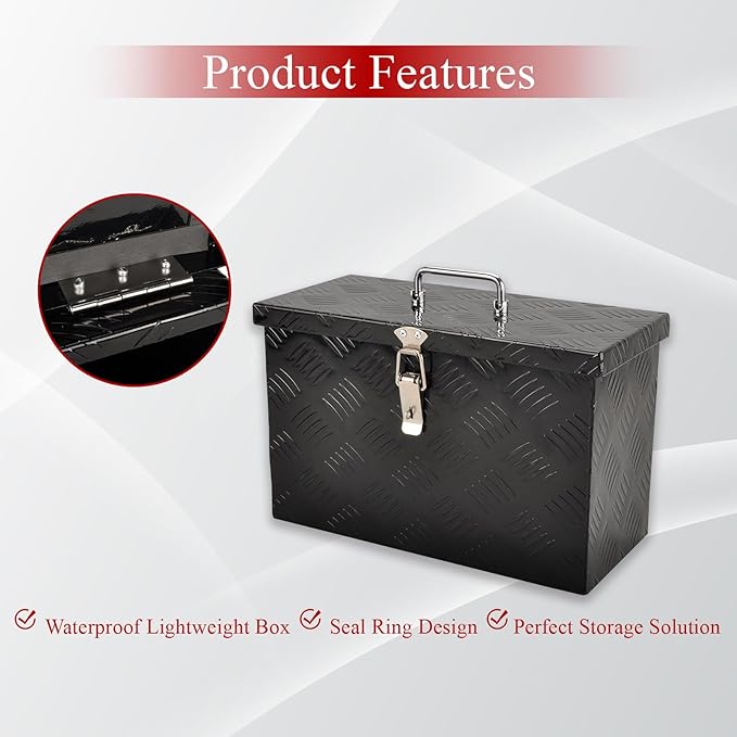 16''Inch Aluminum Truck Tool Box Truck Bed Toolbox Truck Trailer Chest Box Trailer Underbody Storage Organizer Waterproof Square Storage Organizer w/Lock & Keys Black(‎16" Lx7.5 Wx10 H)