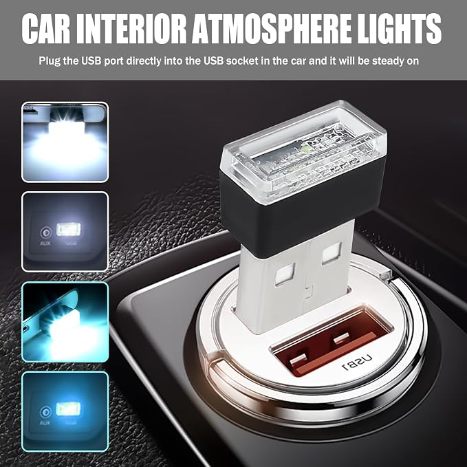 4 PCS USB LED Car Interior Atmosphere Lamp, Portable Mini Auto LED Decor Night Light, Plug-in USB Interface Ambient Lighting Kit, Universal Car Interior Accessories(White+Ice Blue)
