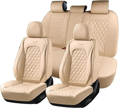 Coverado Full Set Leather Car Seat Covers, Waterproof Faux Leather Seat Covers, Beige Car Seat Protectors, 5 Seats, Universal Fit for Most Cars & SUVs-Beige