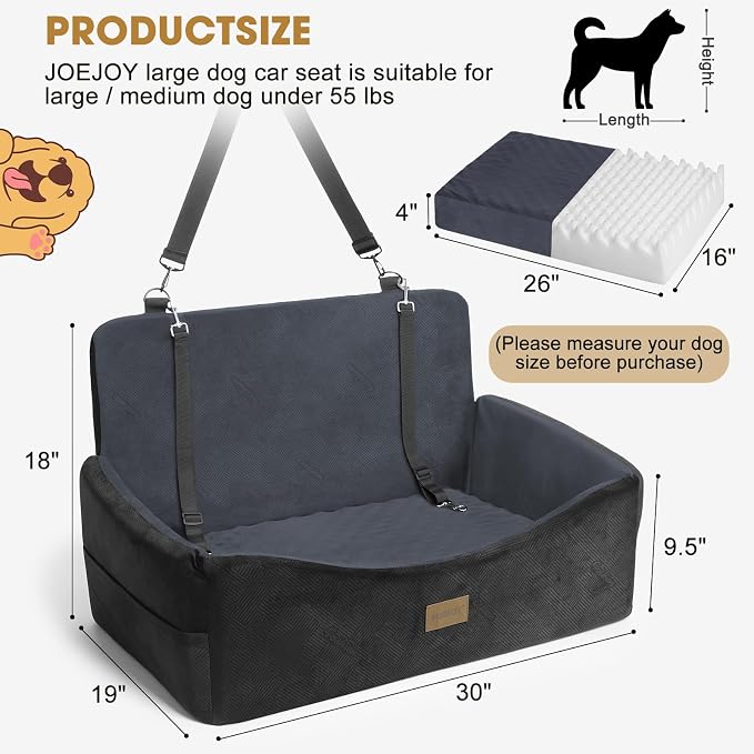 Dog Car Seat for Large Medium Sized Dogs Under 55 lbs, Dog Booster Seat for 2 Small Dogs with Detachable Washable Cover and Cushion, Memory Foam Pet Car Seat with 2 Safety Belts and Storage Pockets