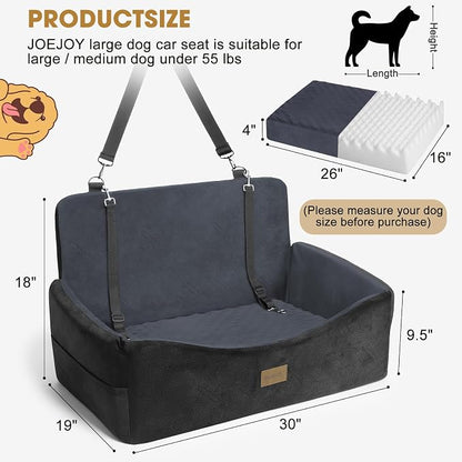 Dog Car Seat for Large Medium Sized Dogs Under 55 lbs, Dog Booster Seat for 2 Small Dogs with Detachable Washable Cover and Cushion, Memory Foam Pet Car Seat with 2 Safety Belts and Storage Pockets