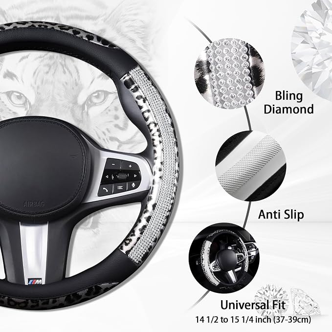 AUTOYOUTH Leopard Steering Wheel Cover - Bling Crystal Rhinestones Cheetah Print on Leather Non-Slip Breathable Design for Women/Girls Universal Fit 14.5-15 Inch(Black & Silver)
