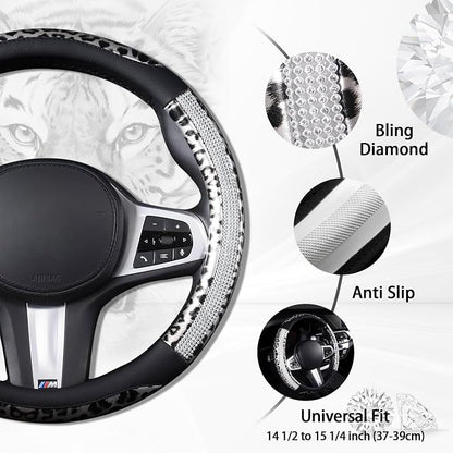 AUTOYOUTH Leopard Steering Wheel Cover - Bling Crystal Rhinestones Cheetah Print on Leather Non-Slip Breathable Design for Women/Girls Universal Fit 14.5-15 Inch(Black & Silver)