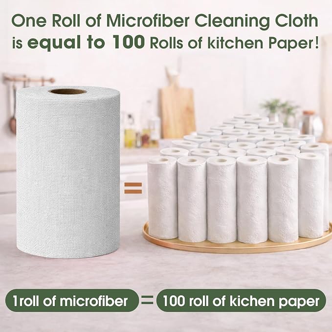 Microfiber Cleaning Cloth Roll - 100 Pack Tear Away Microfiber Paper Towels, Reusable, Washable, Scratch-Free, Kitchen Towels for Car, Home, Kitchen, Glass, Dishes (Light Grey)