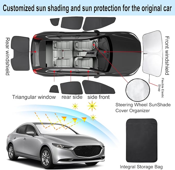 TINGLU Window Shades for Mazda 3 2019-2026 Accessories Car Side Full Windows Rear Triangular Windshield Sun Shade Sun UV Rays & Privacy Protection for Camping 8PCS