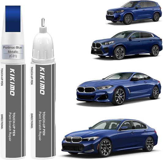 KIKIMO for BMW Touch Up Paint(Portimao Blue Metallic(C31)), Car Paint Repair Kit for BMW, 2 In 1 Scratches Repair with Pen Tip and Brush, Color-Matched for Quick & Easy Fix
