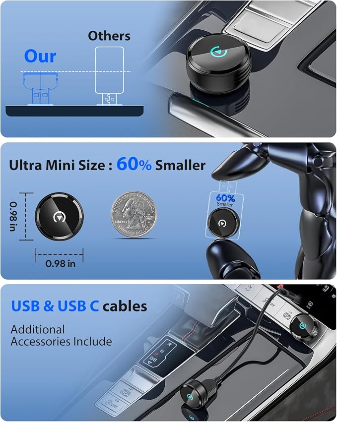 Ultra Mini Circular Wireless CarPlay & Android Auto Adapter, 3-5s Fast Auto Reconnect, Aluminum Alloy Vent Design, 2-in-1 CarPlay Wireless Adapter for iOS & Android with USB A/C Port