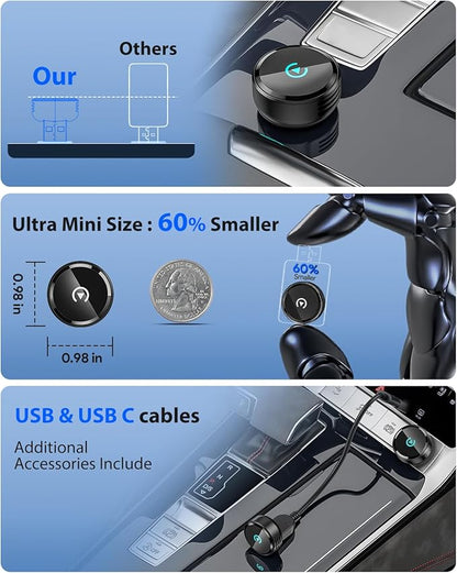 Ultra Mini Circular 2-in-1 Wireless CarPlay & Android Auto Adapter, 3-5s Fast Auto Reconnect, Aluminum Alloy Vent Design, USB-C/USB-A Ports (Pure Black)