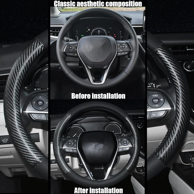 Steering Wheel Cover Standard Size 14.5-15 inch, Non-Slip Car Wheel Cover Protector, Non-Folding Packaging, Microfiber Leather, Black with Carbon Fiber