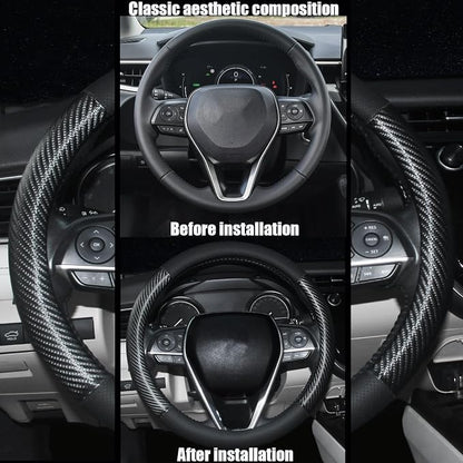 Steering Wheel Cover Standard Size 14.5-15 inch, Non-Slip Car Wheel Cover Protector, Non-Folding Packaging, Microfiber Leather, Black with Carbon Fiber