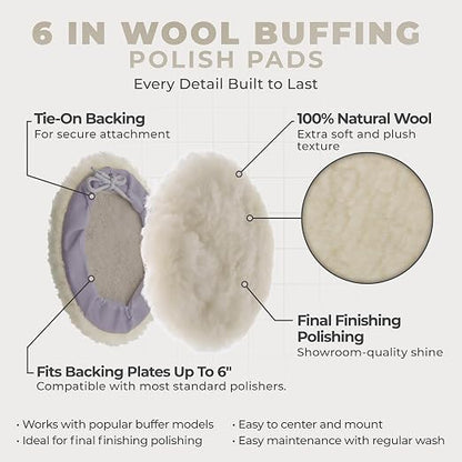 TCP Global Premium 6 Inch Wool Buffing Pads (2 Pack) - 100% Natural Wool Buffer Pads, Polishing Pad for Car Detailing - 1 Inch Thick Pile, Tie-On Bonnet Buffing Pad for Orbital Buffer