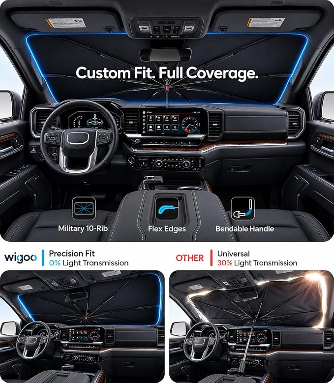 Wigoo Windshield Sun Shade Umbrella for GMC Sierra 1500/2500/3500 2019-2026 [100% Sun Blockage, Ice Cooling Fabric] Foldable Front Window Sunshade for GMC Sierra 1500/2500/3500 2019-2026