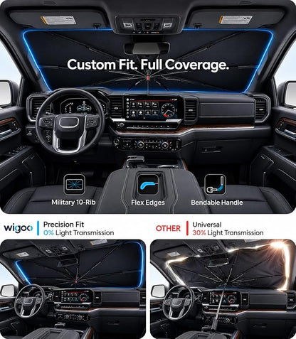 Wigoo Windshield Sun Shade Umbrella for GMC Sierra 1500/2500/3500 2019-2026 [100% Sun Blockage, Ice Cooling Fabric] Foldable Front Window Sunshade for GMC Sierra 1500/2500/3500 2019-2026