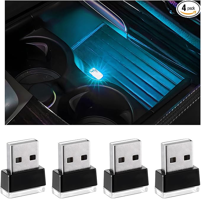 Yourkar 4 PCS USB LED Car Interior Atmosphere Lamp, Plug-in USB Interface Trunk Ambient Lighting Kit, Night Led Decoration Mini USB Light, Universal Interior Car Accessories (Ice Blue)