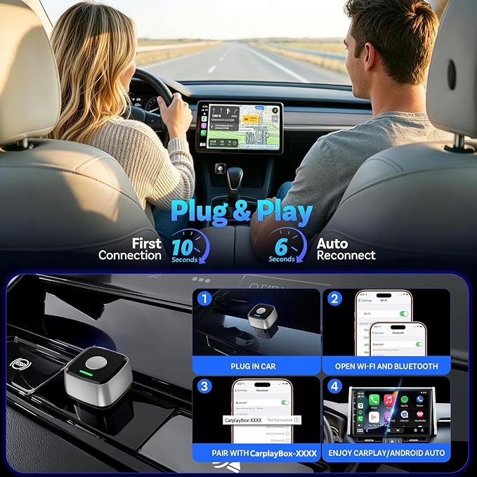 Mini Wireless CarPlay Adapter for iPhone & Android Auto 2026 Upgrade 2-in-1, Wired to Wireless Carplay, One-Touch Switch, Fast & Stable Connection, Plug & Play, for iOS 10+ & Android 11+, Cars 2016+