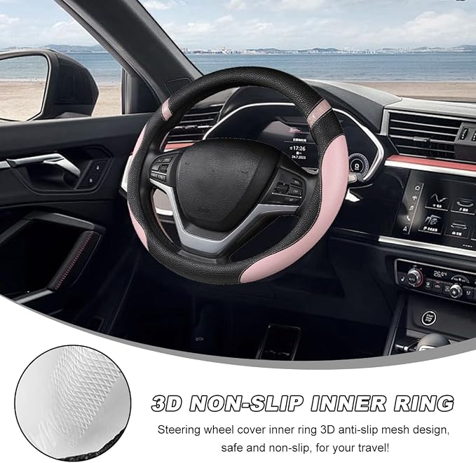 Car Steering Wheel Cover, 15 Inch Premium Leather Breathable Non-Slip Wheels Wrap, Universal Auto Comfortable Steering Wheel Protector for SUV Truck Van, Car Accessories (Pink)