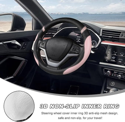 Car Steering Wheel Cover, 15 Inch Premium Leather Breathable Non-Slip Wheels Wrap, Universal Auto Comfortable Steering Wheel Protector for SUV Truck Van, Car Accessories (Pink)