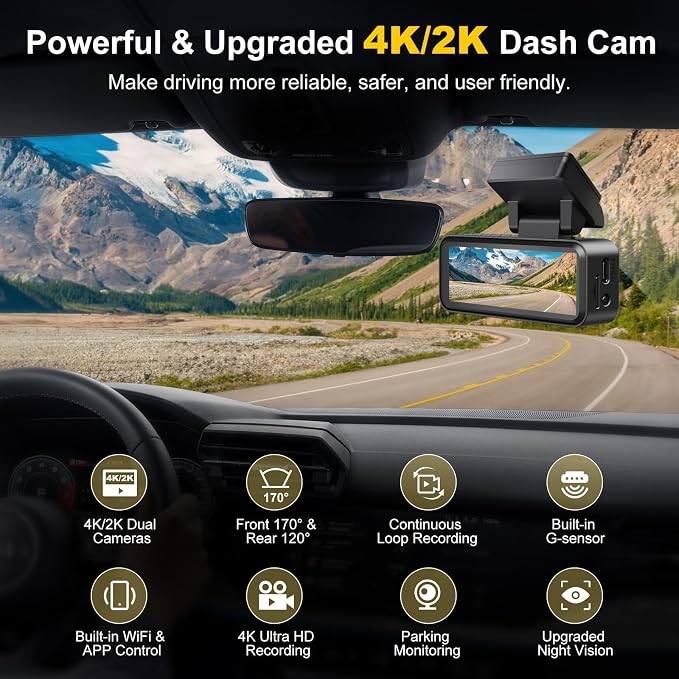 4K+2K Dash Cam Front and Rear, Free 64GB Card Included, 5.8GHz WiFi Dash Camera for Cars, Built-in G-Sensor, 3.2” IPS Screen, 170°Wide Angle, Night Vision, 24 Parking Mode, Black