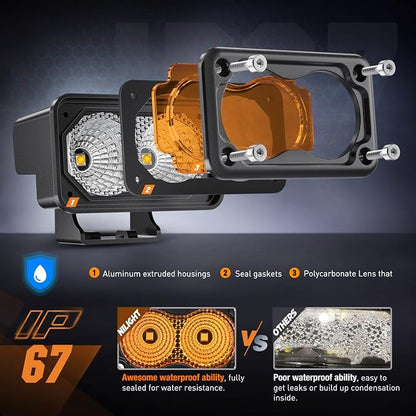 Nilight Motorcycle Amber LED Pods 2 PCS 3 Inch 1070LM Flood Offroad Fog Driving Auxiliary Light w/18AWG DT Wiring Harness Kit for ATV Truck Boat Tractor Forklift