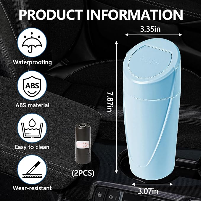 Hovom Mini Car Trash Can with Lid, Portable Garbage Can for Car, Leakproof Cup Holder Automotive Garbage Bin with 2 Rolls of Trash Bags, Small Trash Storage Can for Car Home Office(Light Blue)