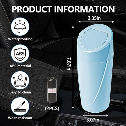 Hovom Mini Car Trash Can with Lid, Portable Garbage Can for Car, Leakproof Cup Holder Automotive Garbage Bin with 2 Rolls of Trash Bags, Small Trash Storage Can for Car Home Office(Light Blue)