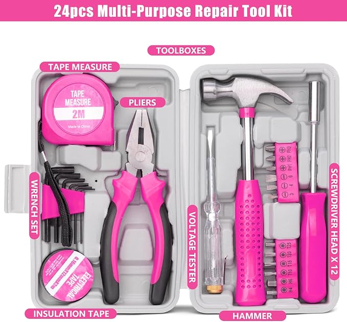 Car Roadside Emergency Kit, Vehicle Truck Safety Emergency Road Side Assistance Kits with Jumper Cables, Auto Air Compressor Tire Inflator, Pink