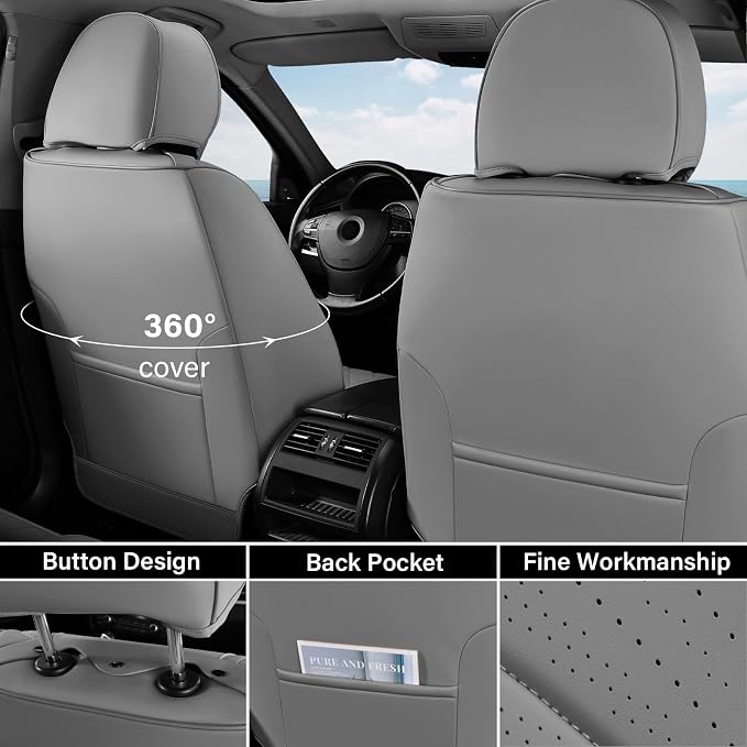Coverado Front Seat Covers, Nappa Leather Seat Covers for Cars, Waterproof Seat Covers with Lumbar Support Universal Fit for Most Cars SUV Trucks (Front, Black-Gray)
